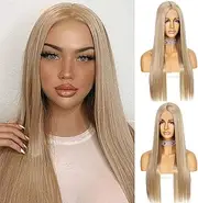Sapphirewigs Ash Blonde Long Straight Wig for Women Lace Front Wigs with Middle Part Japanese Synthetic Wig 150% Density Heat Resistant 24 Inches