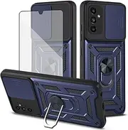 [Asuwish] Phone Case for Samsung Galaxy A13 5G with Slide Camera Cover and Tempered Glass Screen Protector Hard Stand Ring Holder Hybrid Cell Gaxaly A04S M13 G5 A 13 2022 13A A135G SM A136U Men Blue