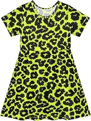 [WOIWB] Girls' Short-Sleeve Dress, Green Leopard Print Summer Dresses, Casual Sundress for Kids 2T, Green, 4 Years
