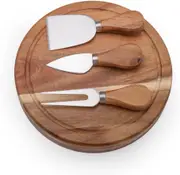 Round Slide-Out Acacia Wood Cheese Board and 3 Piece Cheese Tool Set, 7.5 inch Diameter (Acacia Wood)