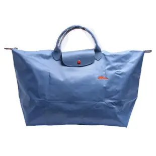 【LONGCHAMP】經典Collection系列刺繡摺疊暗釦/拉鍊短提把尼龍水餃包(L-粉藍色1624619-564)