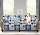Blue Plaids and Stripes Patchwork Couch Cover, Quilted X-Large Sofa Slipcover...