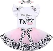 ODASDO Baby Girl Toddler Kids Farm Animal Cow Theme 1st 2nd 3rd Birthday Party Cake Smash Outfit Romper Tutu Headband