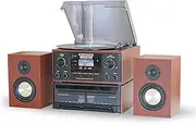 [Steepletone] HOUSTON Dark 6 in 1 Music Centre, Bluetooth Vinyl Record Player, Turntable with CD, Cassette, DAB+ / FM Radio, USB MP3 playback & Encoding, Remote Control, WIRELESS Stereo Speakers