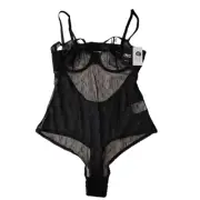 NWT INC Bodysuit Sheer Black Mesh Wired Bra SIZE LARGE