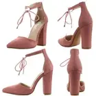 New Rose Pink Pointy Toe Lace Up Ankle Strap Chunky Block Heel Women Pump Sandal