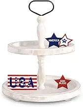 Mustry Rustic Wooden 2 Tiered Tray, Round Farmhouse Kitchen Table Decor Serving Tier Tray, Food Fruits Cupcake Display Coffee Bar Home Party Seasonal Decorations (White)