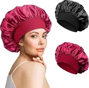 2Pcs Silk Bonnet for Sleeping, Satin Hair Bonnets, Soft Elastic Band Silk Sleep Cap, Shower Cap for Women Long, Straight and Curly Hair