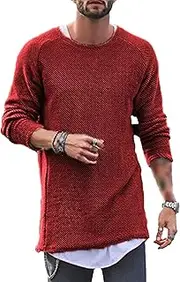 [Gsywaipei] Mens Long Sleeve Basic Knit Pullover Solid Color Waffle Male Knits Sweater Round Neck Casual Knitted Sweaters