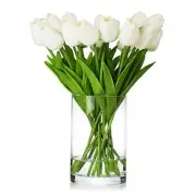 20 Pieces Artificial Real Touch Tulips Flower Arrangement in Glass Vase White