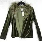 Jackie Jon Green Velvet Long Sleeve Top Cardigan Feather Neckline Pin Sz S Y2K