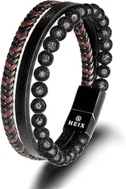 [HEIX] Mens Multilayer Natural Tiger Eye Stone Bead Braised Leather Bracelet Magnetic Stainless Steel Clasp in Black Gift Idea for Men & Boys Jewelry (Volcanic Stone)