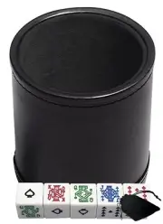 White Poker Dice Bright Color Pips w/Pouch +PU Leather Dice Cup Black Felt Lined