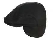 Men's Irish Newsboy 100% Wool Flat Cap, Warm Tuck-Away Ear Flaps, Black, Medium
