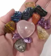 12 Lovely Stones, Rose Quartz Heart, Amethyst, Pyrite, Tiger's Eye, Peacock - LB