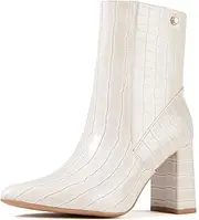 [ZUYEE] Women’s Chunky Block Heel Ankle Boots Pointed Toe, Side Zipper, Mid Calf, Comfortable & Versatile Short Booties, White, 9