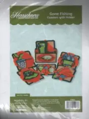 NIP PLASTIC CANVAS KIT GONE FISHING COASTERS WITH HOLDER