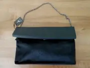 HANDBAG ZIPPED FOLD-UP DESIGN CHAIN HANDLE BLACK VELOUR FRONT NEW WITH TAGS