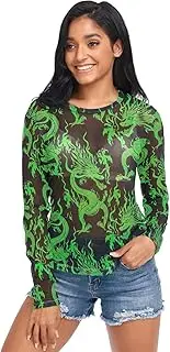 [RPLIFE] Green Dragon Black Long Sleeve Fishnet Top, Rave Long Sleeve Top S-XXL