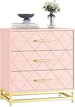 GarveeHome 3 Drawer Dresser, Wood Chest Drawers with Storage for Closet, Bedroom, Drawers Dresser Modern Bedside Nightstand with Gold Handles, Pink