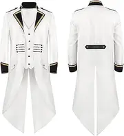[HanzhuoLG] Men's Tuxedo Medieval Renaissance Tailcoat Jacket Steampunk Wedding Banquet Jacquard Jacket White M