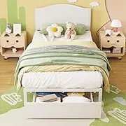 Timy Twin Bed Frames with Drawer and Wooden Headboard for Kids, Metal Platform Bed Frame for Boys Girls Toddlers, No Box Spring Needed, Noise Free, Easy Assembly