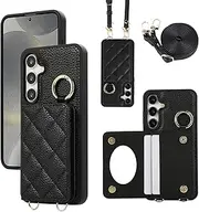 [YDIJCYAN] Mobile Phone Case for Samsung Galaxy S23 Plus / S23+ Case with Strap + Ring + Makeup Mirror Shockproof Mobile Phone Protective Case (Black)