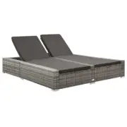 Double Sun Lounger With Cushion Pool Deck Sunbed Outdoor Rattan Chaise Bed Grey