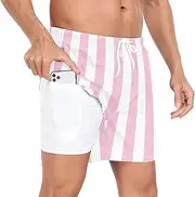 [GuoChe] Beach Shorts for Men Men's Lined Workout Shorts Stripes Pink with Pockets Yoga Shorts Quick Dry