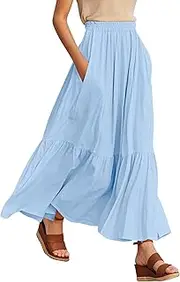 [Urban CoCo] Women's Boho Flowy Maxi Skirt Elastic Waisted A-Line Summer Beach Skirts with Pockets