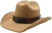 YFVFAGDMKV Four Seasons Men Cowboy Hat with Bull Head Decoration and Distressed Band Vintage Style Curved Brim Horse Riding(Champagne)