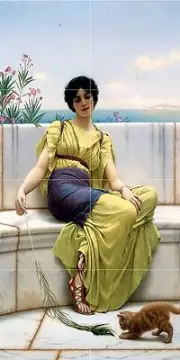 Playful kitten J. Godward girl woman cat Tile Mural Backsplash Marble Ceramic