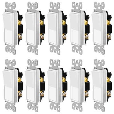 10 PK Paddle Rocker Switch Single Pole ON/OFF Wall LED Light Fan Switch White UL