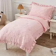 4 Piece Boho Tufted Toddler Bedding Set for Girls Pink Ruffle Crib Bed Sheets Set Soft Jacquard Embroidery Toddler Comforter Set Bed in a Bag | Include Comforter, Flat Sheet, Fitted Sheet, Pillowcase