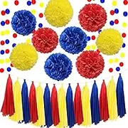 Carnival 26pcs Navy Blue Red Yellow Birthday Wedding Bachelorette Bridal Baby Shower Party Decoration Kit - 12" 10" 8" Tissue Paper Pom Pom, Paper Tassel, Circle Dot Garland