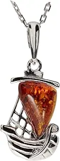 [Artisana-Schmuck] Amber Ship Pendant Set in 925/000 Sterling Silver Rhodium-Plated, Rhodium-plated 925/000 sterling silver Baltic amber, Amber