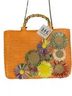 Haute Hippie Straw Floral Orange Tote Bag Bamboo Handles Chain NWT Festival Boho