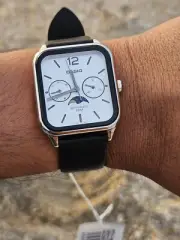 Casio Moon Phase Watch – White Square Dial, Black Leather Strap, 50M Water Resis