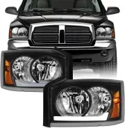 FOR 05-07 DODGE DAKOTA LED TUBE BLACK HOUSING AMBER CORNER HEADLIGHT HEAD LAMPS