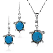Sea Life Happy Turtles Turquoise .925 Sterling Silver Necklace Earrings Set