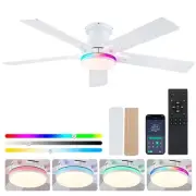 Flush Mount Ceiling Fans with RGB Side Lights - 52" White RGB Ceiling Fan wit...