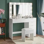 Ufurniture Dressing Table Led Mirror Makeup Stool Set with PU Sponge Cushion, 4 Storage Drawers Dresser, Vanity Table Organiser for Bedroom Dressing Room, White
