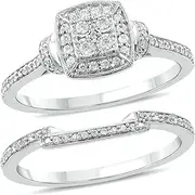 [Cali Trove] 1/4cttw Diamond Square Cluster Halo Engagement Ring with Matching Diamond Wedding Band for Women in 925 Sterling Silver, Women's Silver Wedding Ring Set with Diamond Accented Bands