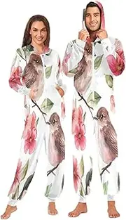 [ZZXXB] Bird Peach Tree Onesie Pajamas for Adult Women Men Long Sleeves One Piece Onesies Hooded Sleepwear S - XL