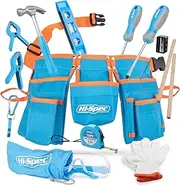 Hi-Spec 12 Piece Young Builder's Tool Set Tool Belt with Real Hand Tools, Accessories, Eye Protection and Tool Pouch (Waist 27''- 43'') for Home DIY, Carpentry and Woodworking Projects- Present
