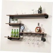 Industrial Pipe Shelves Wine Rack Wall Mounted with 4 Stem Glass Holder,Bar