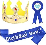 ASTER Birthday King Crown, Boy Sash and Button Pins - Party Dress-Up Set for Boys Decoration