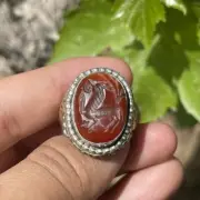 Spectacular Ancient Agate Stone Animal Engravings Rare Solid Silver Ring