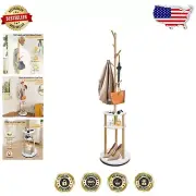 Classic 100% Natural Wood Coat Rack with Shelves and Hooks - Durable and Stylish