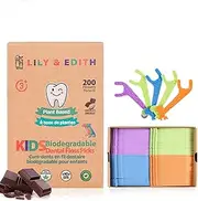 LILY & EDITH Kids Plant Based Dental Floss Picks 200 Counts, Fluoride Free, Corn Starch Material, Chemical Free, Fun Animal Flossing Sticks, Ultra Sturdy Thread, Zero Waste Package (Chocolate)